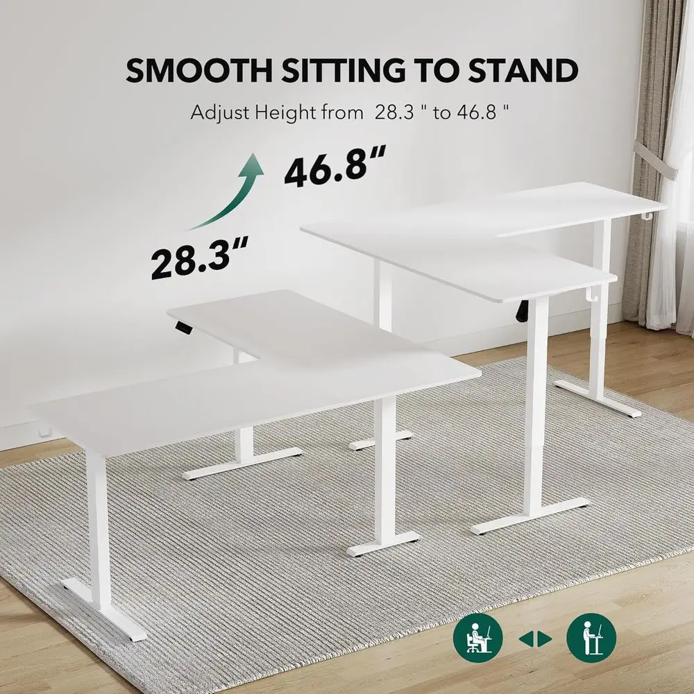 مكتب كهربائي على شكل حرف L قابل للتعديل الارتفاع، 63 × 55، مكتب مريح مع 3 إعدادات للذاكرة، أبيض
