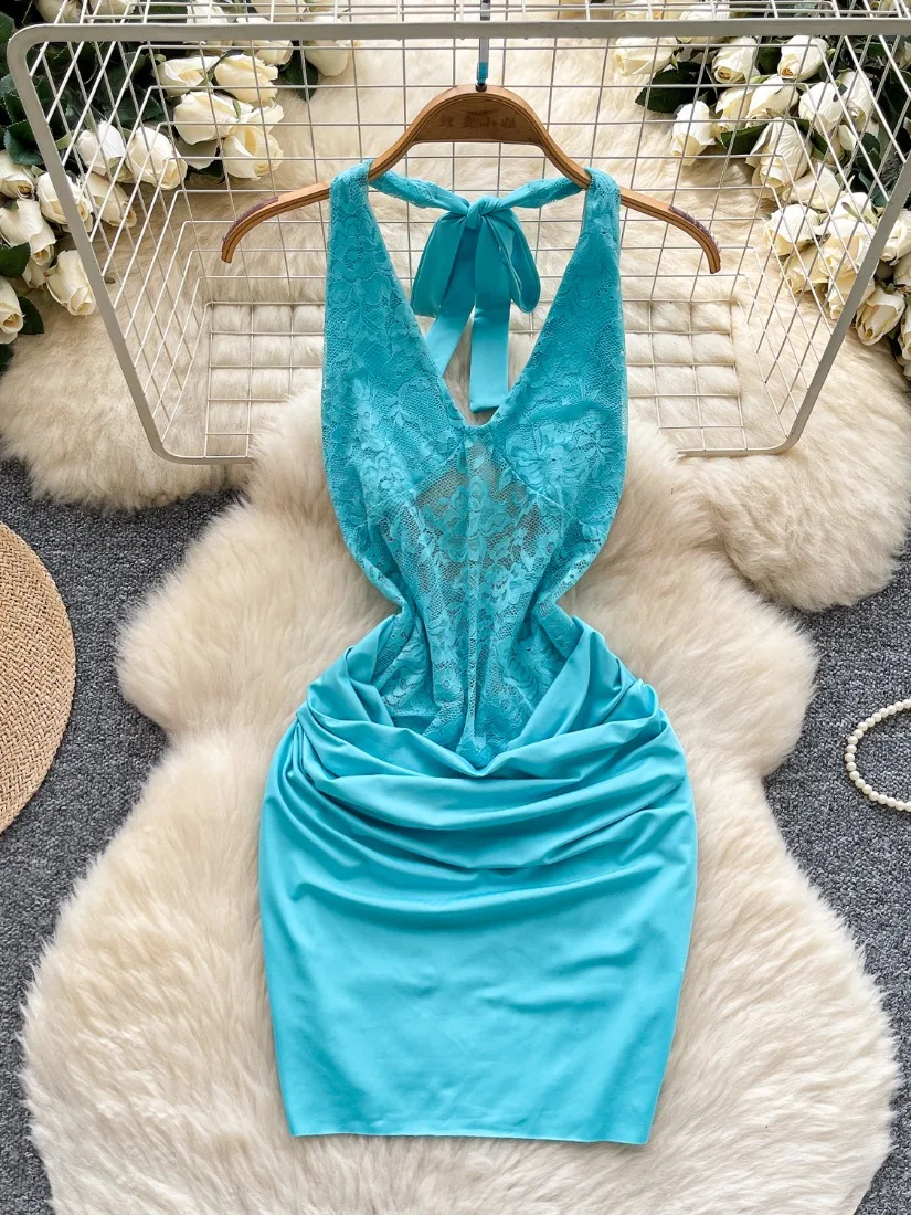 Foamlina Sexy Hollow Out Floral Lace Patchwork Dress Women Fashion Summer Lace-up Halter Sleeveless Backless Mini Bodycon Dress