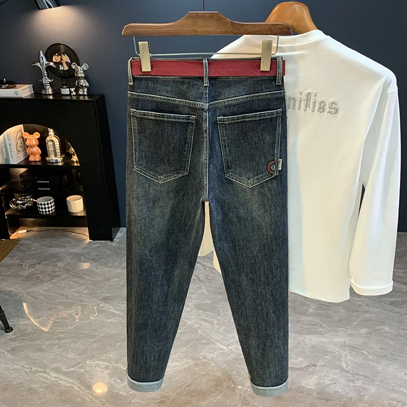 

Осень 202, модные брендовые конические джинсы с вышивкой, мужские модные универсальные облегающие повседневные брюки с небольшой ногой