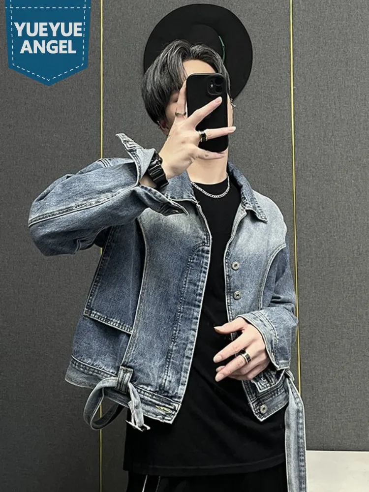 

High Street Mens Single Breasted Spring Autumn Long Sleeve Denim Jacket Design Turn-Down Collar Vintage Spliced Short Coat Male