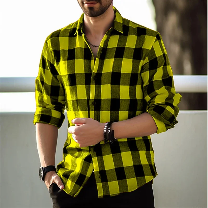 Red Plaid Fashion Men\'s Casual Long Sleeve Shirts New 2023 Button Lapel Shirt Street Loose Casual Breathable S-6XL Mens Shirt