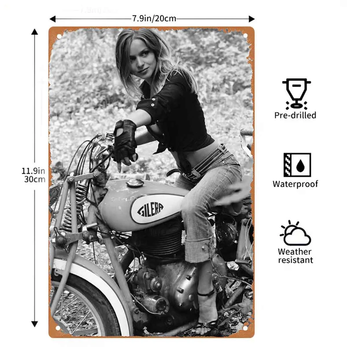 Graceful and Bold Girl on a Shiny Motorbike Vintage Metal Wall Sign Decor