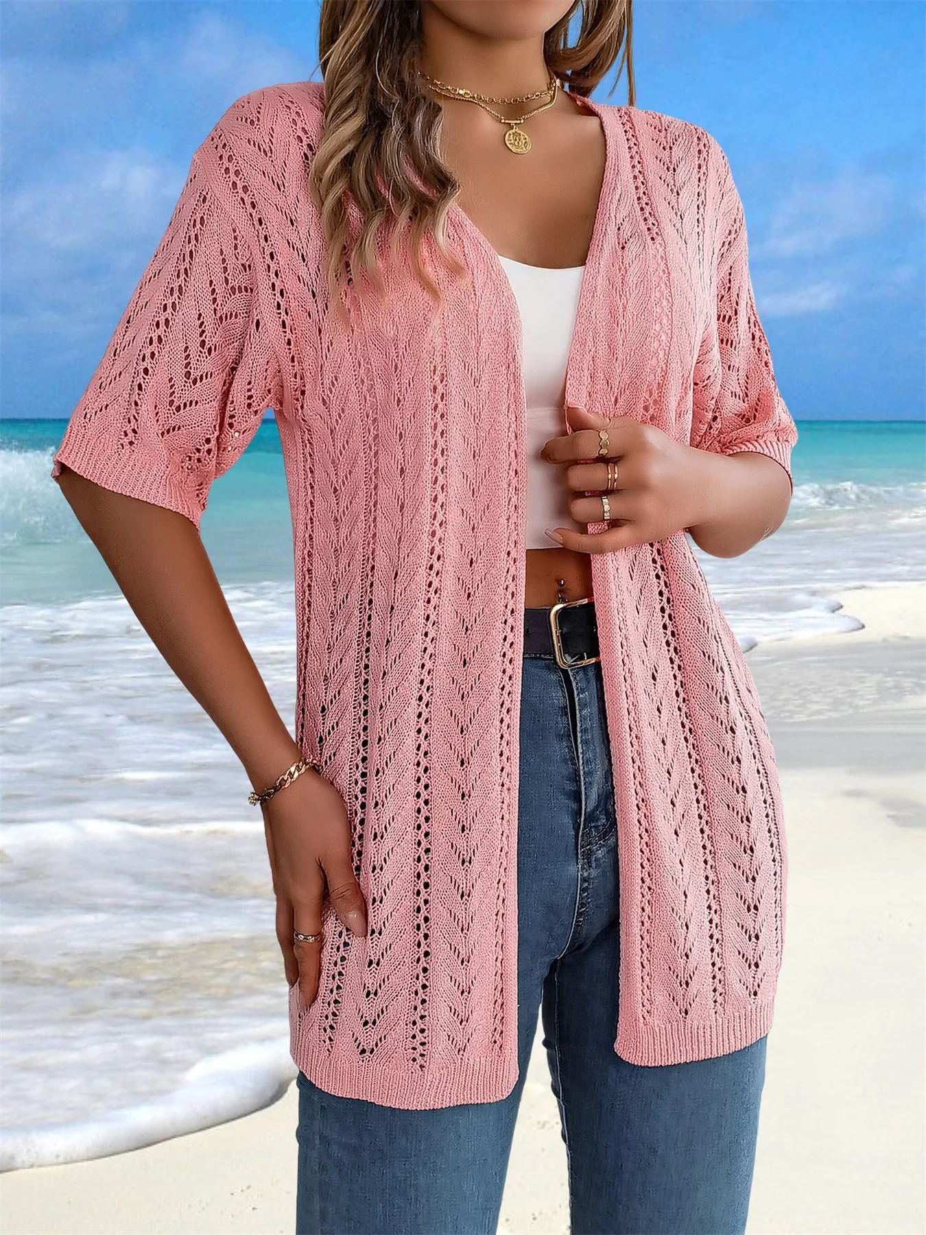 Crochet Tops for Women Short Sleeve Mesh Lightweight Summer Cardigan Open-Front Cover Ups Knitted Sheer Tops