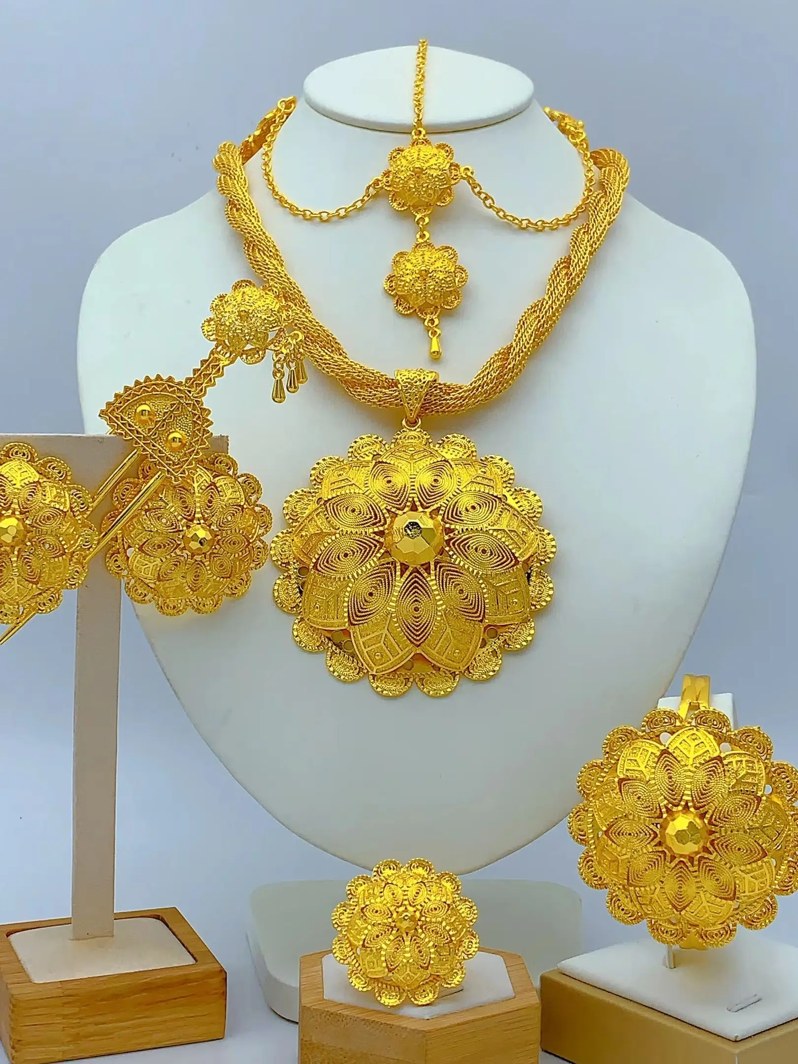 Äthiopisches 24k vergoldetes 6-teiliges Schmuckset für Damen, Dubai, afrikanisch-indische große Anhänger-Halskette, Hochzeits- und Verlobungsgeschenke