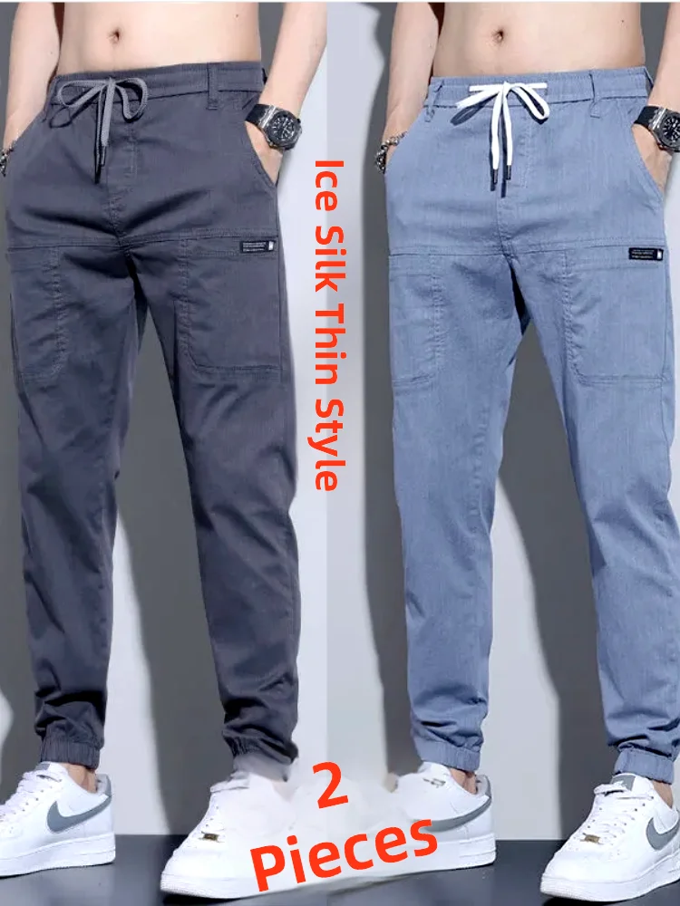 

Мужские джинсы свободного кроя с эластичным поясом, тонкие, из ледяного шелка, повседневные длинные брюки, износостойкая рабочая одежда, летняя мода