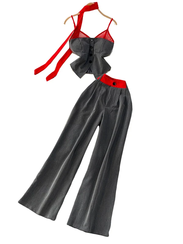 Design Sensual Sexy Lace Splice Ne Hanging Wide Leg Pants Two-Piece Set Slimming Effect V-Ne Button Closure Faionable W...