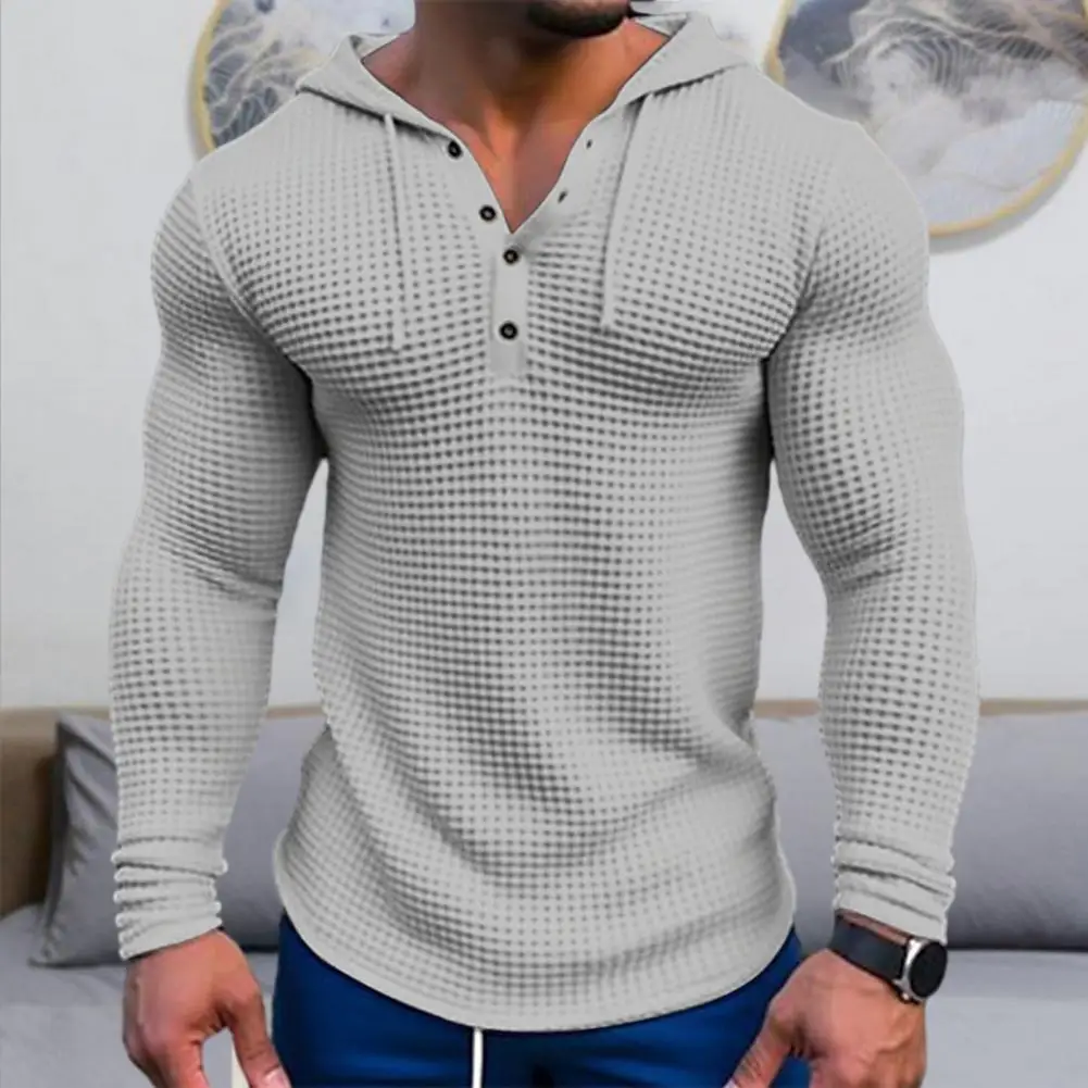 

Men's Solid Color Casual T-shirt Top, Long Sleeved Shirt, Slim Fit Pleated Hood, Street Vacation Lace Up Patchwork Clothing