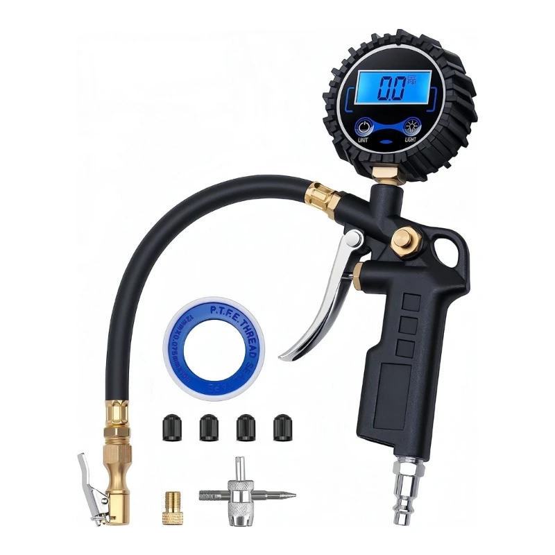 

Tire Pressure Gauge & Inflator Large Display 250PSI Heavy Duty with Rubber Hose