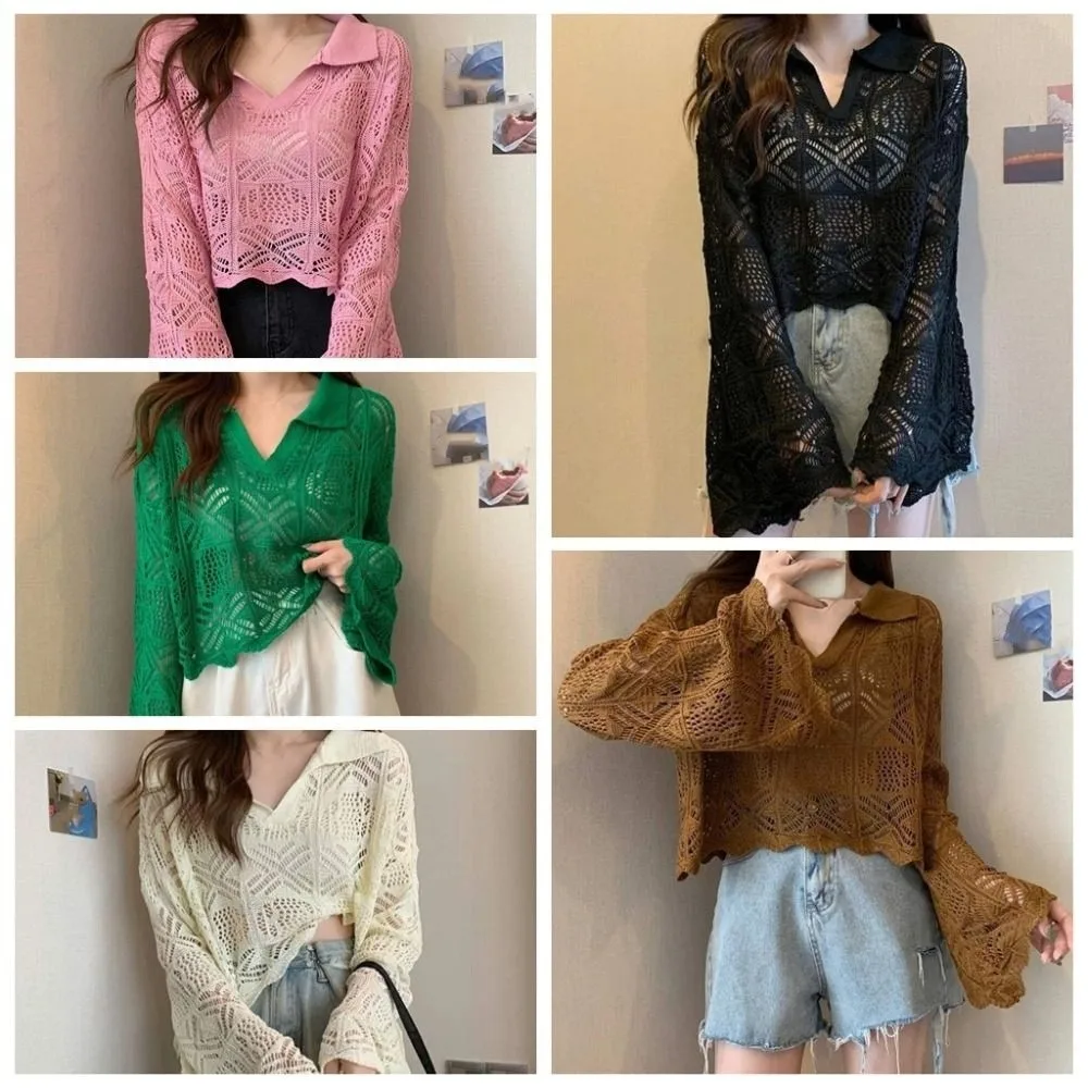 Vrije tijd V-hals uitgehold gebreid T-shirt met lange mouwen Koreaanse stijl cover-up crop top strandkleding losse zoete meisjesstrandtop dames