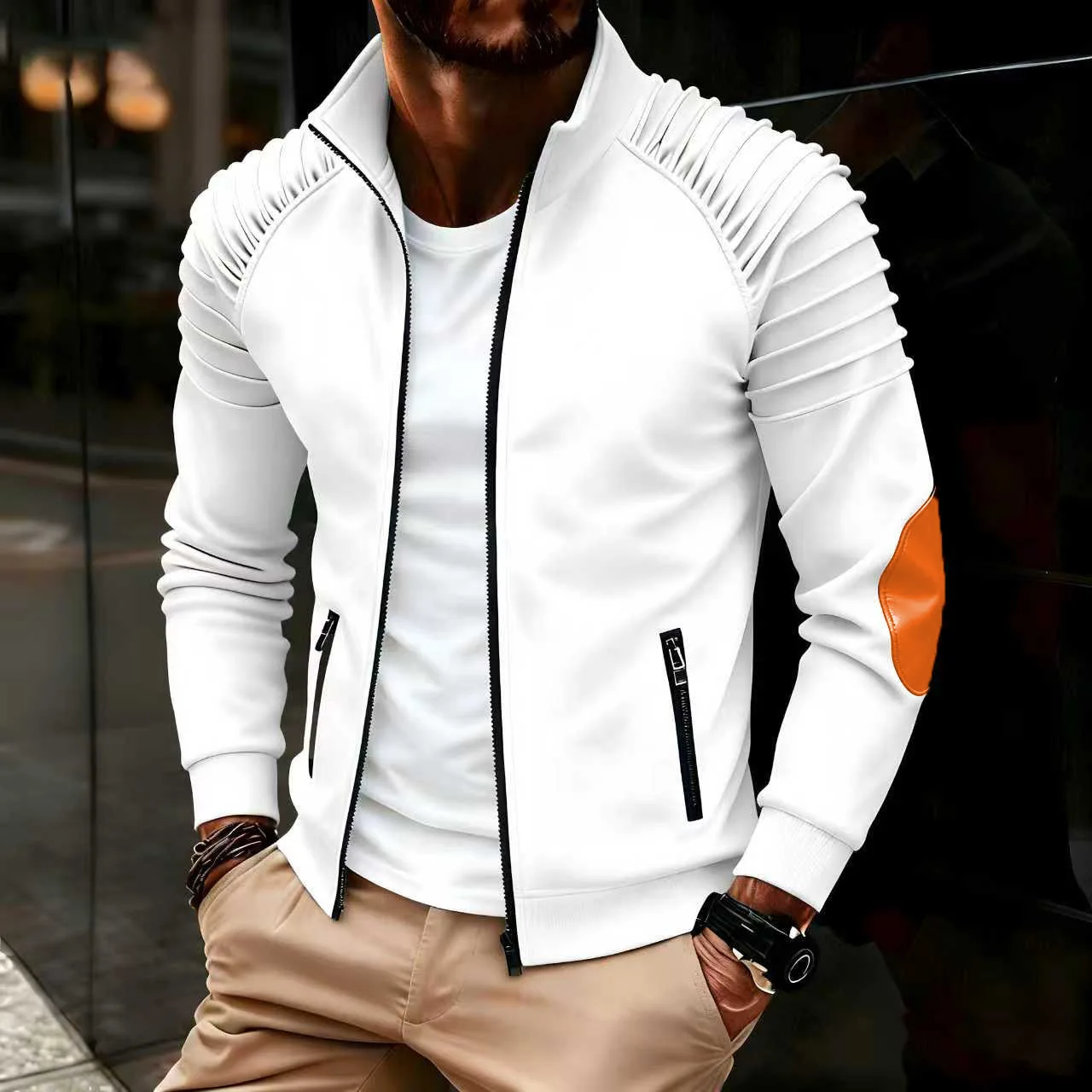 

Spring / Autumn New Sports Casual Men Jacket Men's Stand Pleats Slim Stripe Fit Jacket Zipper Long Sleeve Coat Cardigan Coat Men