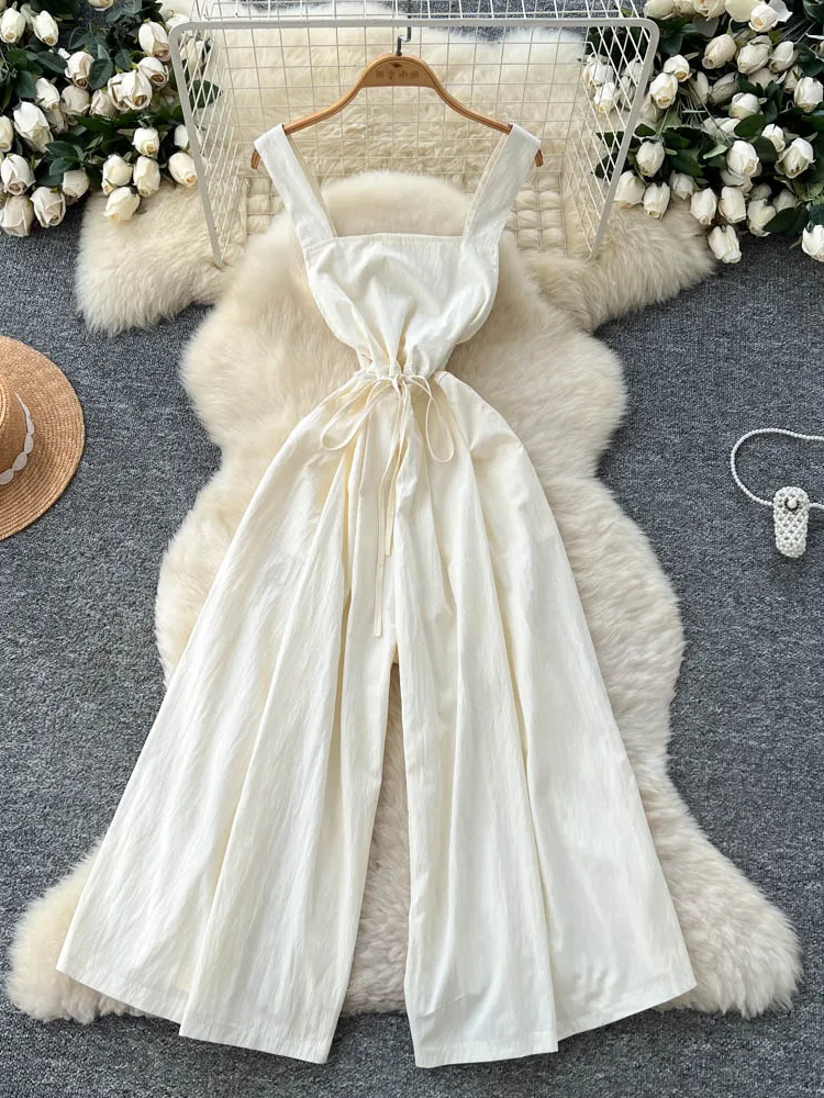 

Korean Sle Chic Lazy Faion Dstring Waist Square Ne Loose Wide Leg Overalls Women's High Waist Long Pants Summer Onli...