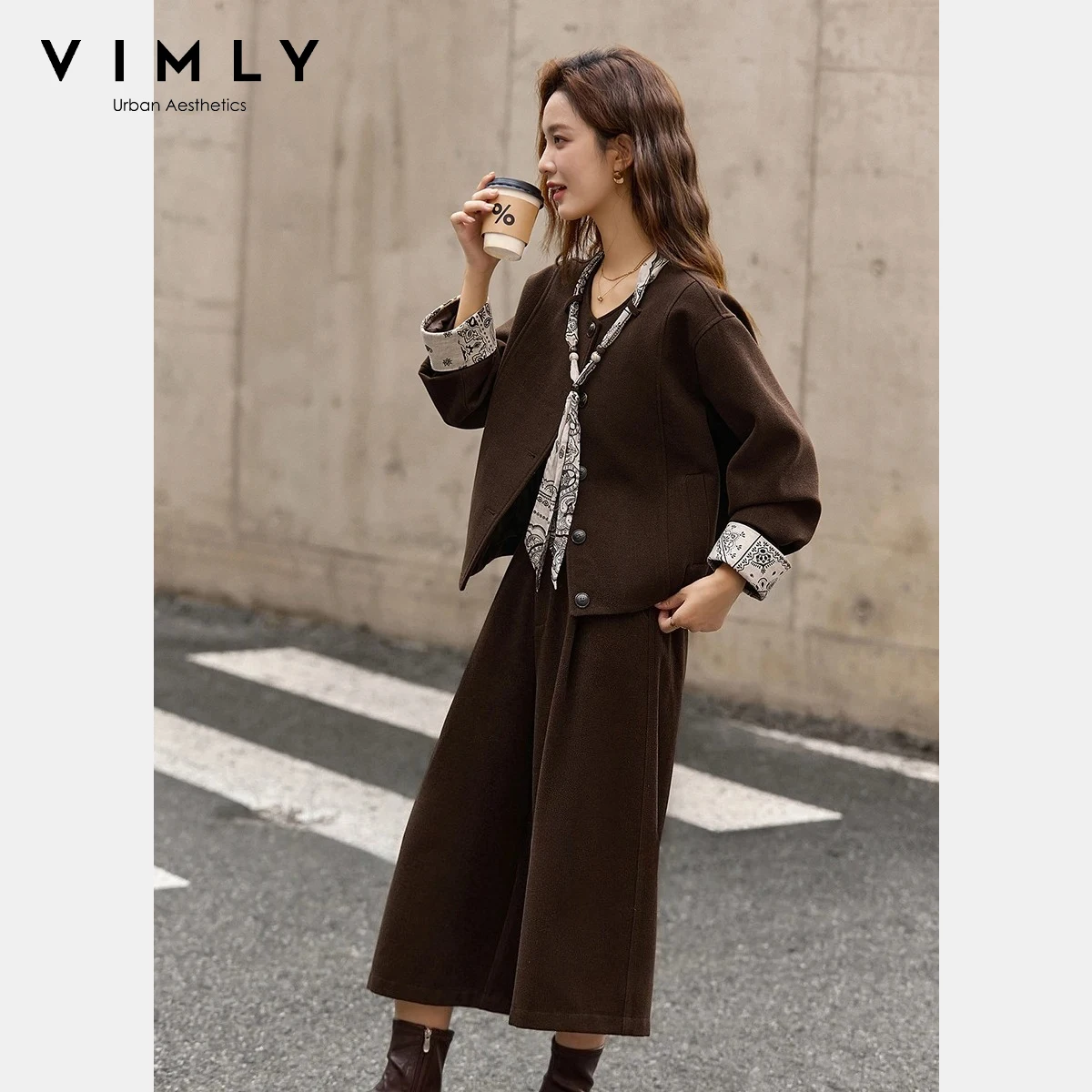 

VIMLY Retro Pant Sets for Women New Scarf Contrasting Coat Ankle Length Wide Leg Pants 2025 Winter Loose Lady 2 Piece Set 30572