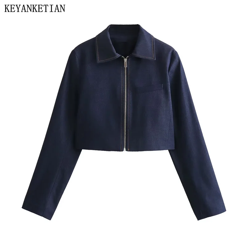 KEYANKETIAN 2024 New Launch Women\'s Zipper Short Jacket American Retro Navy blue Loose Turn Down Collar Outerwear Crop Top