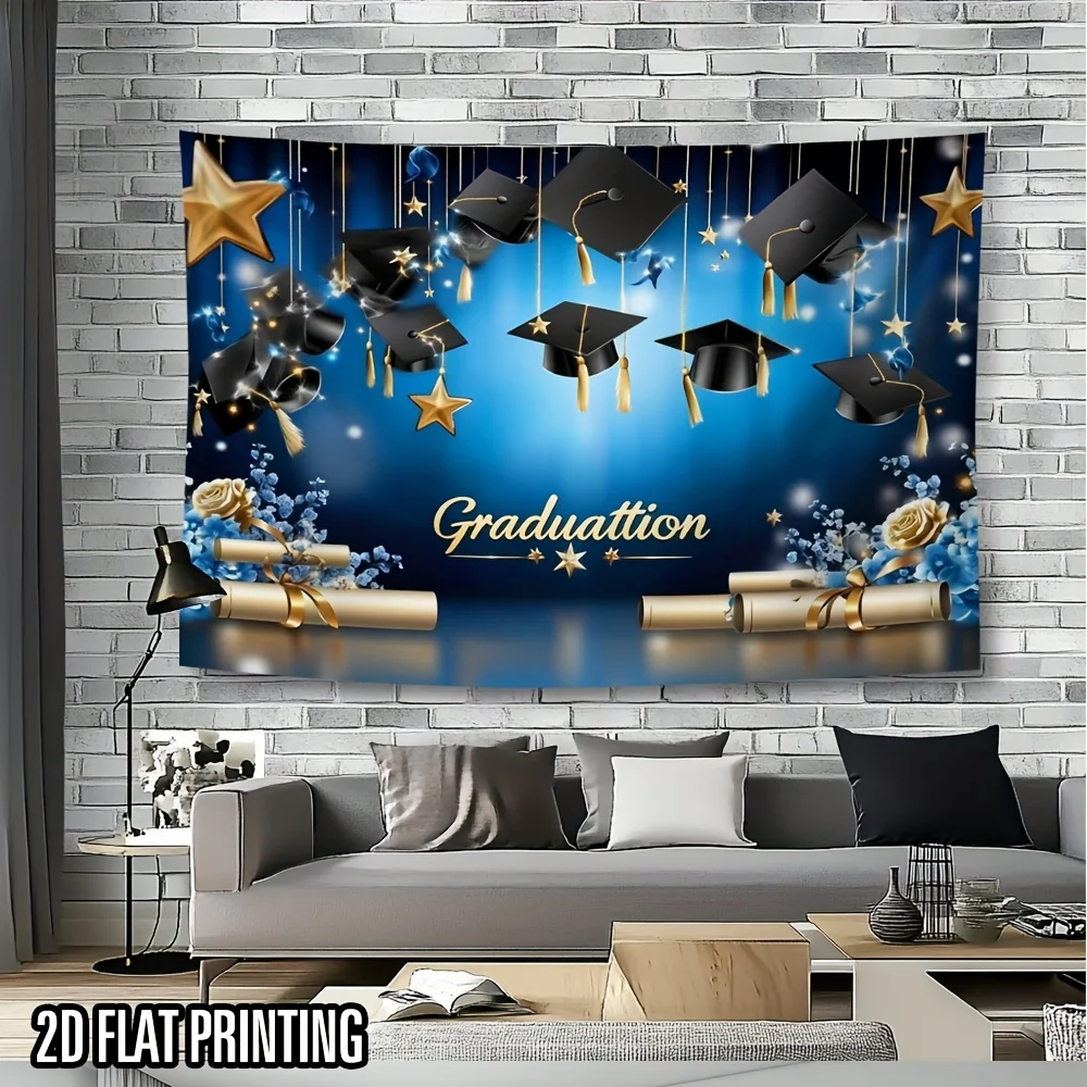 قطعة واحدة من خلفية حفل التخرج - زينة حفلات التخرج باللونين الأزرق والذهبي مع قبعات التخرج #6
