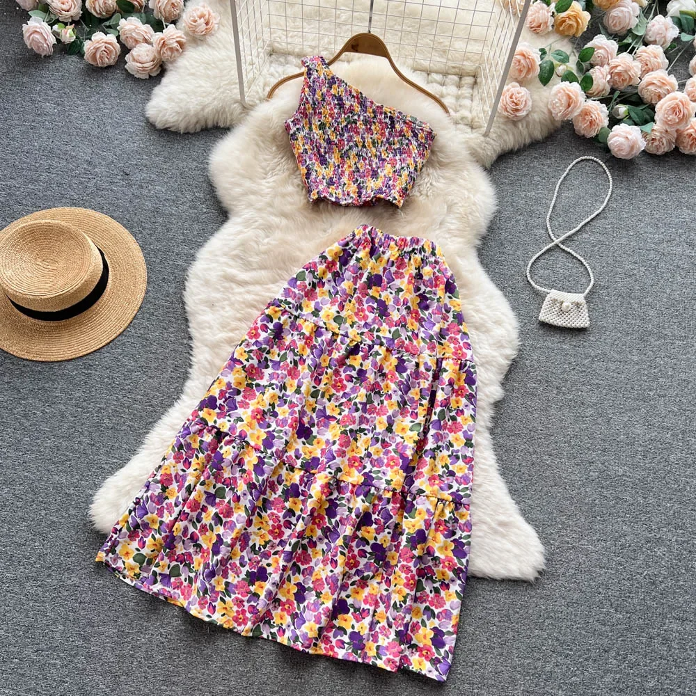 New Women  2024 Elegant Floral Skirt Set Female One Shoulder Crop Top & A-Line Midi Skirt Female Casual Suits