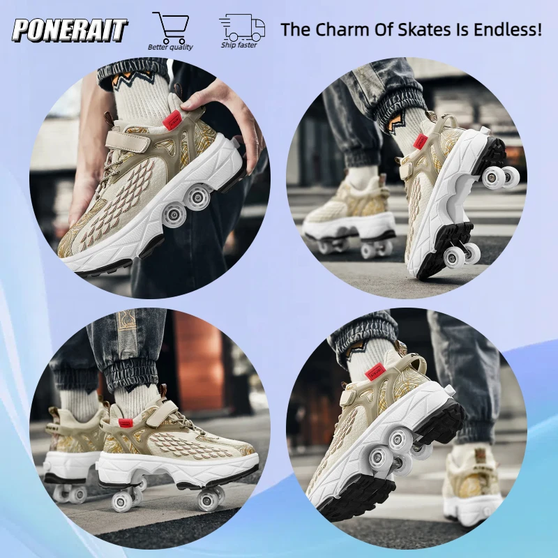 4-Wheel Professional Double Row Skates Deform Roller Skate Shoes Youth Sneakers Parkour Street Deformation Shoes Gift for Kid