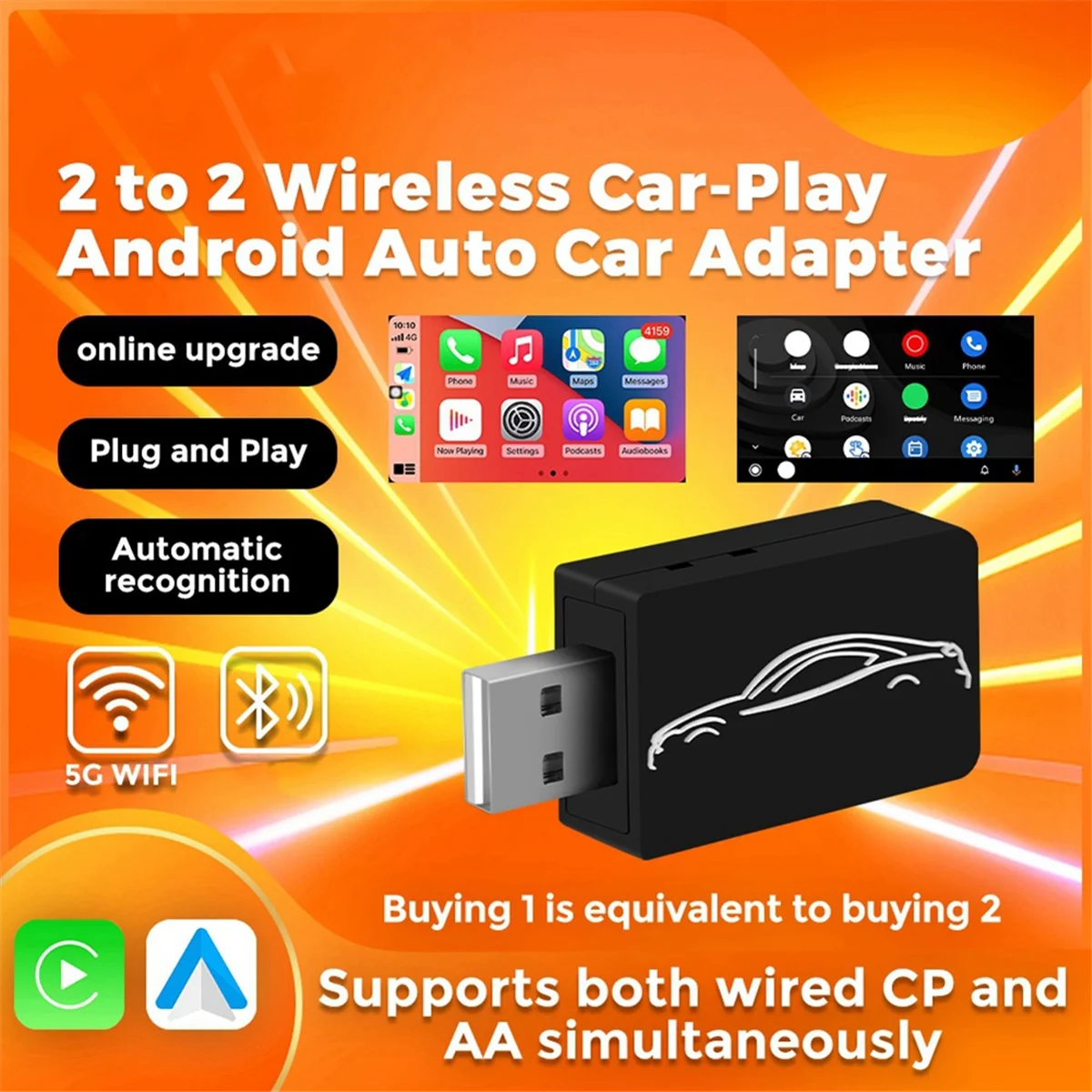 Adaptador inalámbrico Carplay para coche, Dongle USB inteligente, Plug & Play, Android, 2 a 2, para Havel, Kia, Volvo, Audi, MG, VW, Hyundai, Jeep