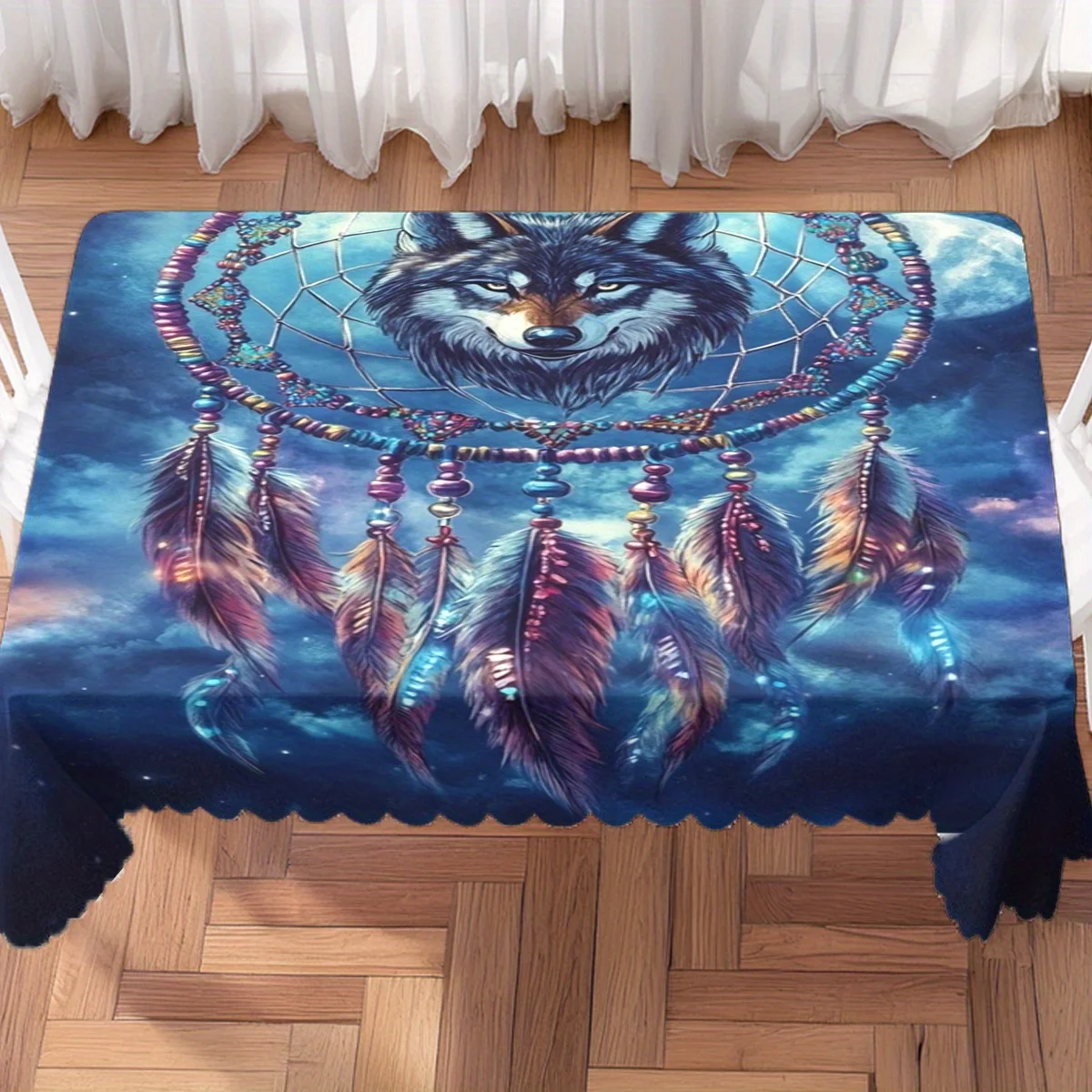 Wolf Dream Catcher Color Feather Night Sky Print Waterproof Tablecloth, Rectangular Table Cover for Indoor Decor