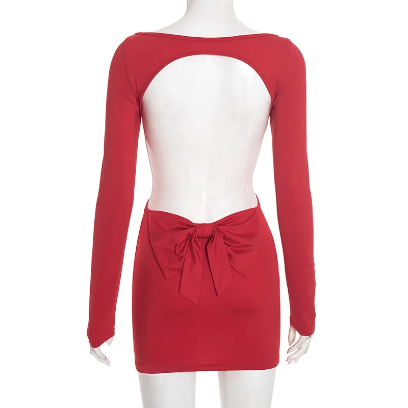 Mini robe dos nu sexy tenue de club de soirée robes 2025 femmes automne hiver vêtements de luxe col en V moulante fête rouge cravate noeud robe