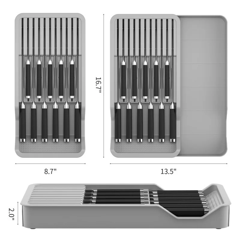Space-saving countertops, knife blocks, knives, drawers, storage racks, brackets, and convenient storage in home kitchens