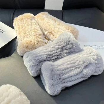 Hete Verkoop Winter Echte Bont Golve Vrouwen Outdoor Warm 100% Natuurlijk Konijnenbont Handschoenen Breien Dikke Natuurlijke Zachte Echte Konijnenbont Wanten