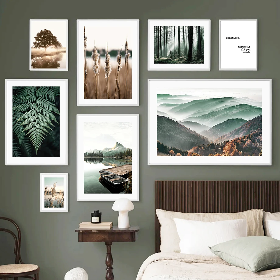 Mountain Boat Lake Forest Plants Quotes Wall Art Canvas Painting Nordic Posters and Prints Wall Pictures for Living Room Decor