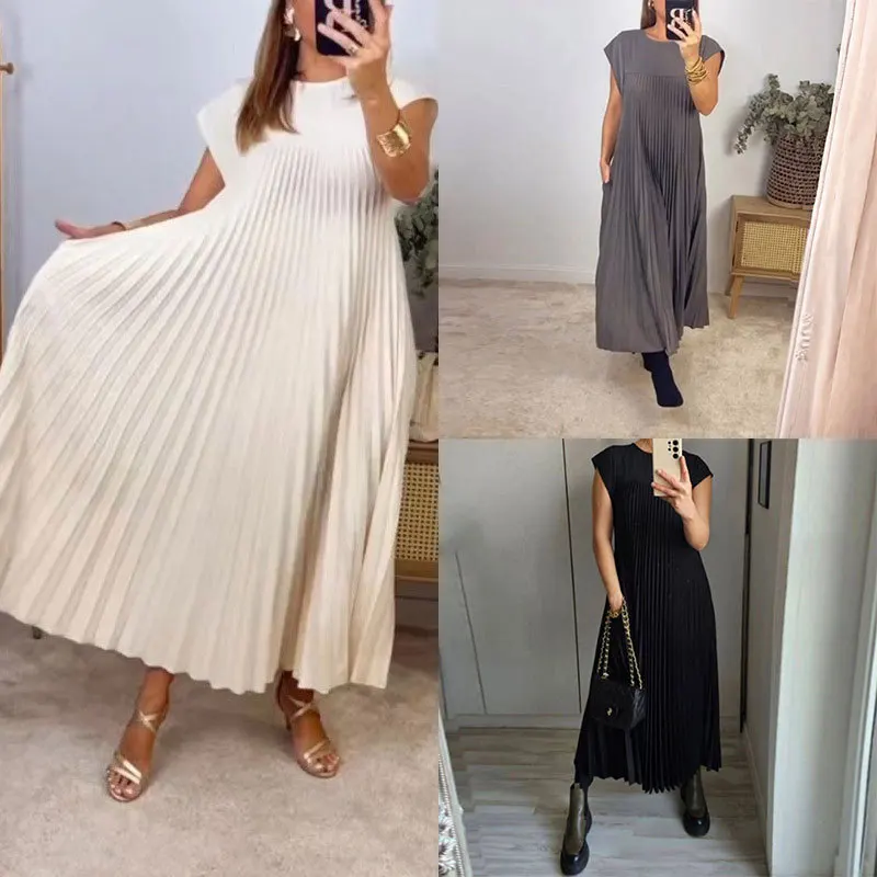 Summer New European And American Women\'s Clothing Elegant Fashion Round Neck Sleeveless Pleated Long Dress White Dress Women