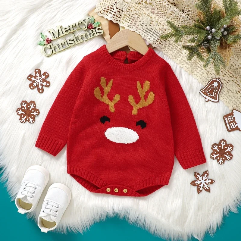 

Christmas Baby Girls Boys Knit Clothes Romper Cartoon Elk Long Sleeve Crew Neck Print Knitwear Bodysuit Newborn Infant Playsuit