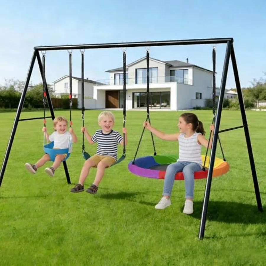 

Backyard outdoor playground equipment: heavy duty metal swing frame set 440lbs capacity with saucer, belt, and baby swings; adj