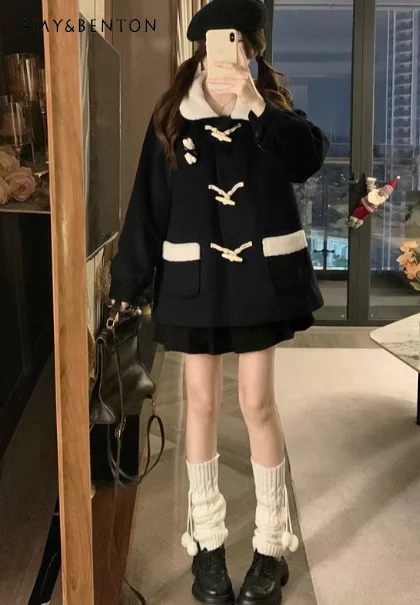 

Autumn Winter New Women's Loose Casual Versatile Black Horn Button JK Uniform Japanese College Style Short Woolen Coat