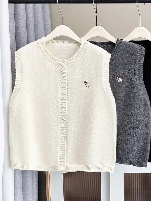 

Korean Sle Simple Cartoon Dog Knitted Vest Women's Autumn Winter Faionable Outerwear Layering Tank Top Cotton Blend