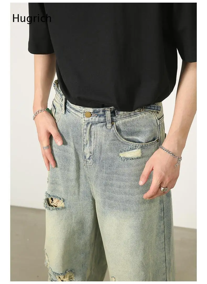 Vintage Destroyed Distressed Hole Raw Edge Five Pocket Loose Baggy Daily Party Casual Denim Pants