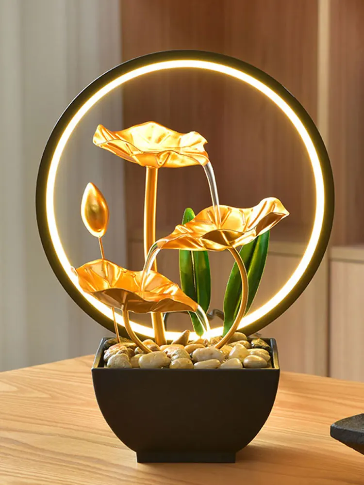 3-Tier Lotus Leaf Flowing Water Fountain with Natural Rocks & LED Ring Light Illuminated Waterscape for Office Living Room Decor