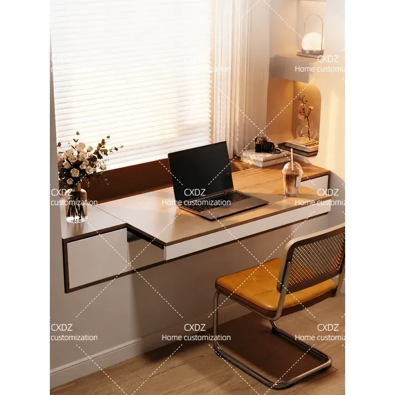 Solid Wood Bay Window Cabinet with Drawers and Locker Custom Telescopic Pull Out Computer Desk for Study Room or Balcony