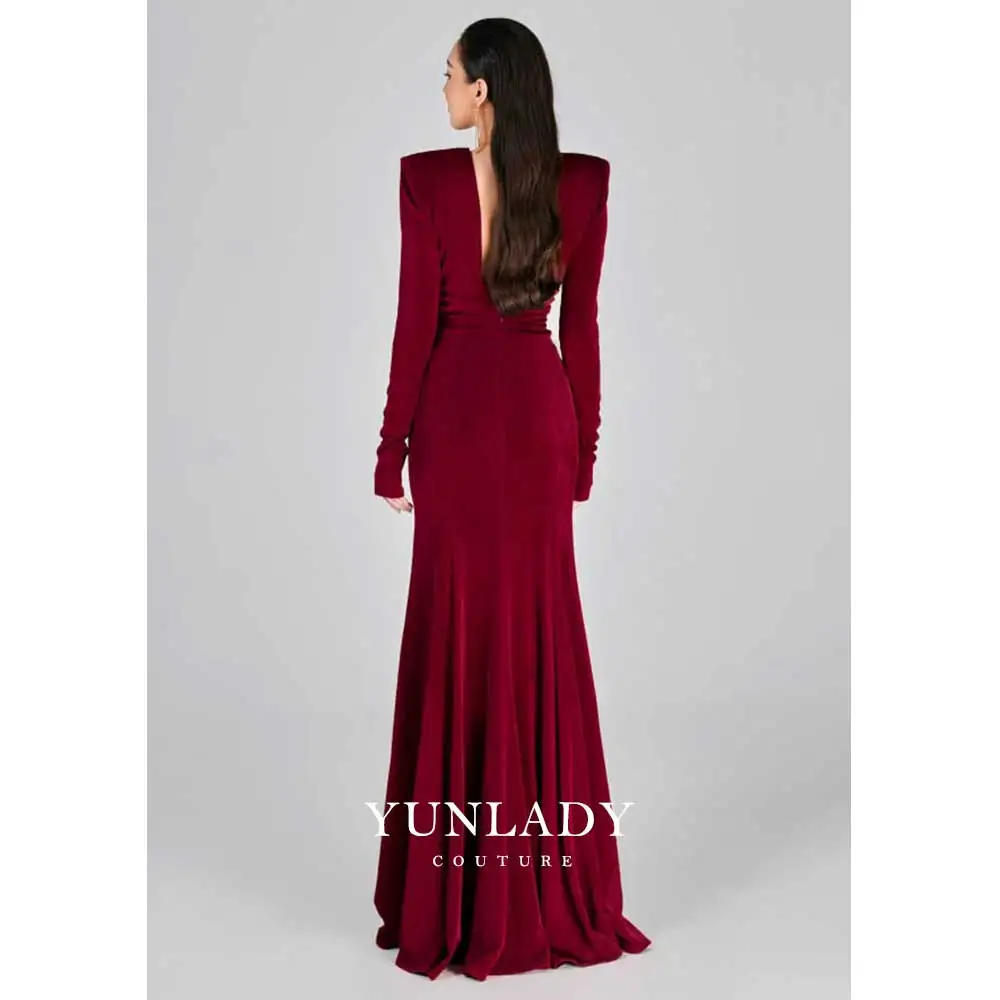 YUNLAN Red Velvet V Neck Evening Dress Dubai Mermaid Luxury Long Sleeve 2023 Bridal Wedding Prom Party Dress Homecoming Dress