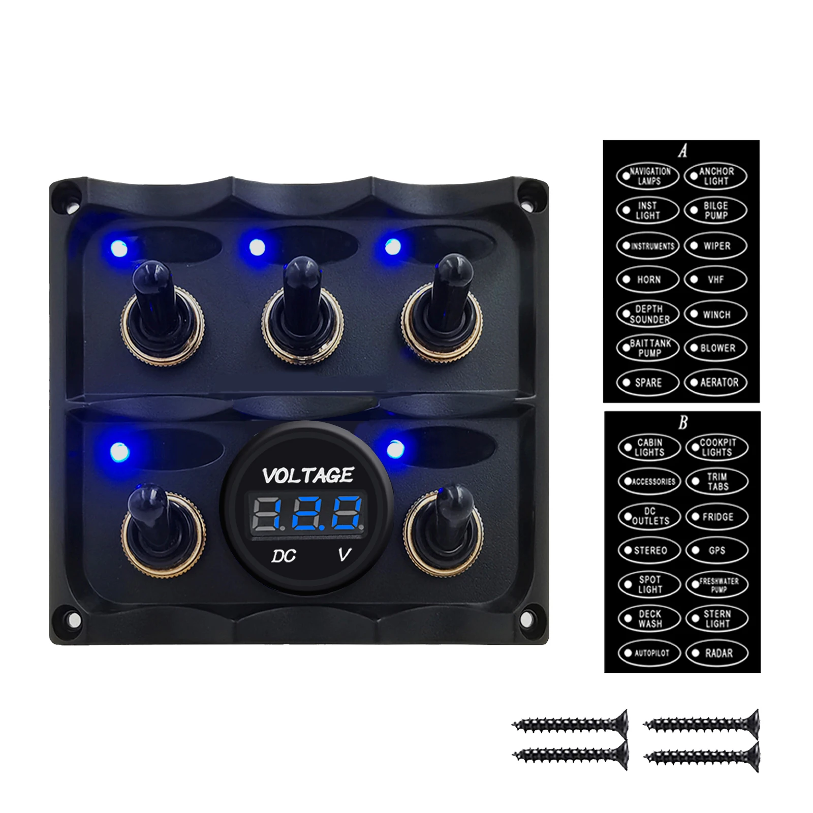 

Blue Led Waterproof Marine Boat Toggle Switch Panel 5 Gang Rocker Switch 12V-24V Voltmeter Socket 15A Fuse Overload Protection
