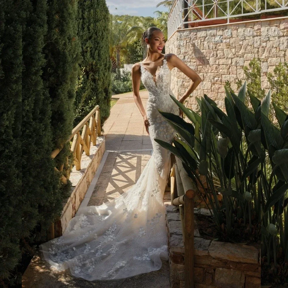 Robes de mariée sirène en dentelle personnalisées, avec des appliques Spaghetti et des perles, robe de mariée élégante