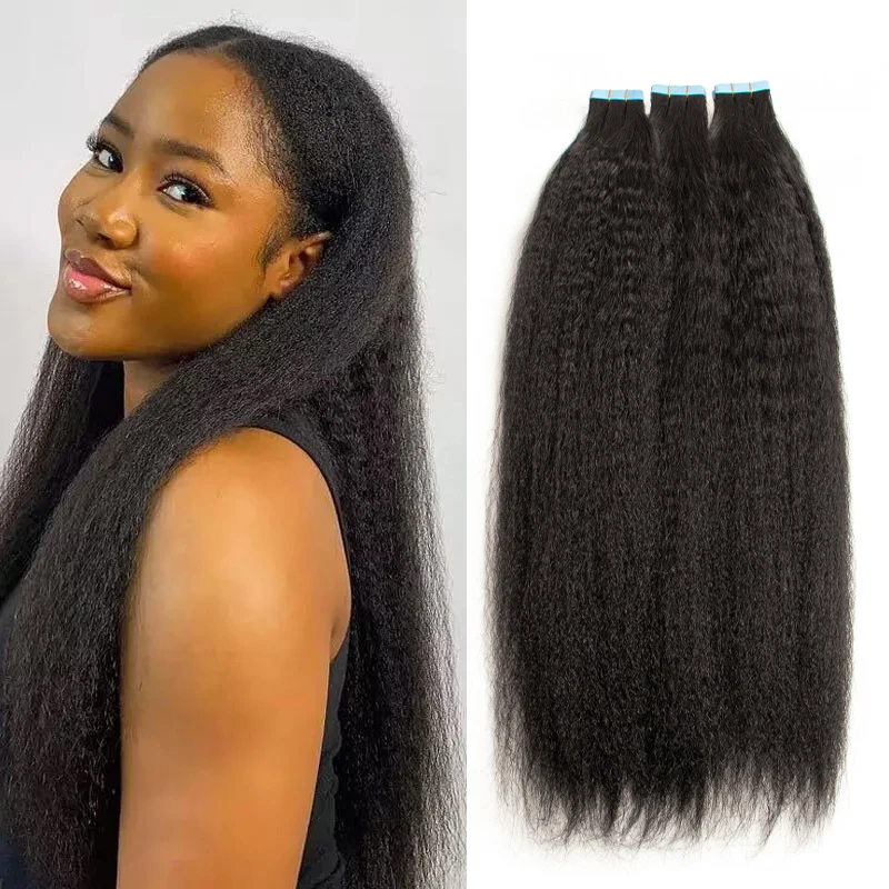 Extensions de cheveux naturels Remy, 20 pièces, 12 à 26 pouces, bande adhésive crépue lisse, Yaki