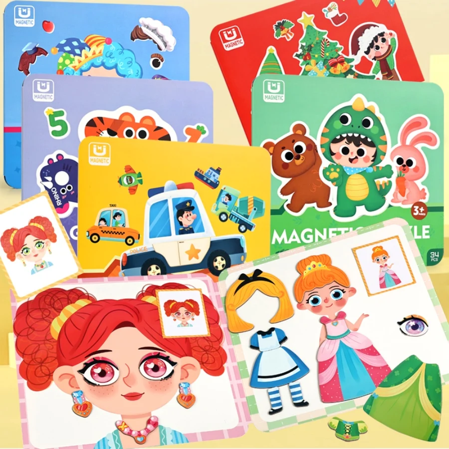 Magnetic Dress-Up Puzzle Toy, Princess Pretend Play Fun and Creative Game, English Alphabet and Number Learning, Children's Educational Learning Cartoon Whiteboard Stickers Refrigerator Magnets, with Portable Storage Bag, Suitable for Boys and Girls as Christmas and Thanksgiving Gifts