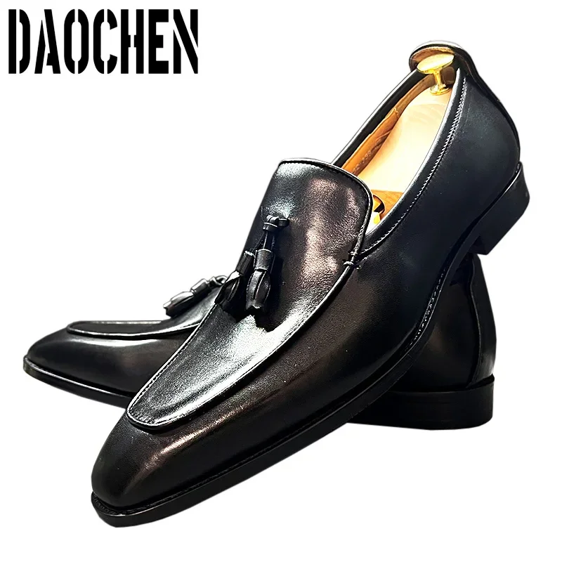 Elegant Casual Man Dress Leather Shoes Black Brown Pointed Toe Slip On Men Shoes Office Business Wedding Loafers For Men