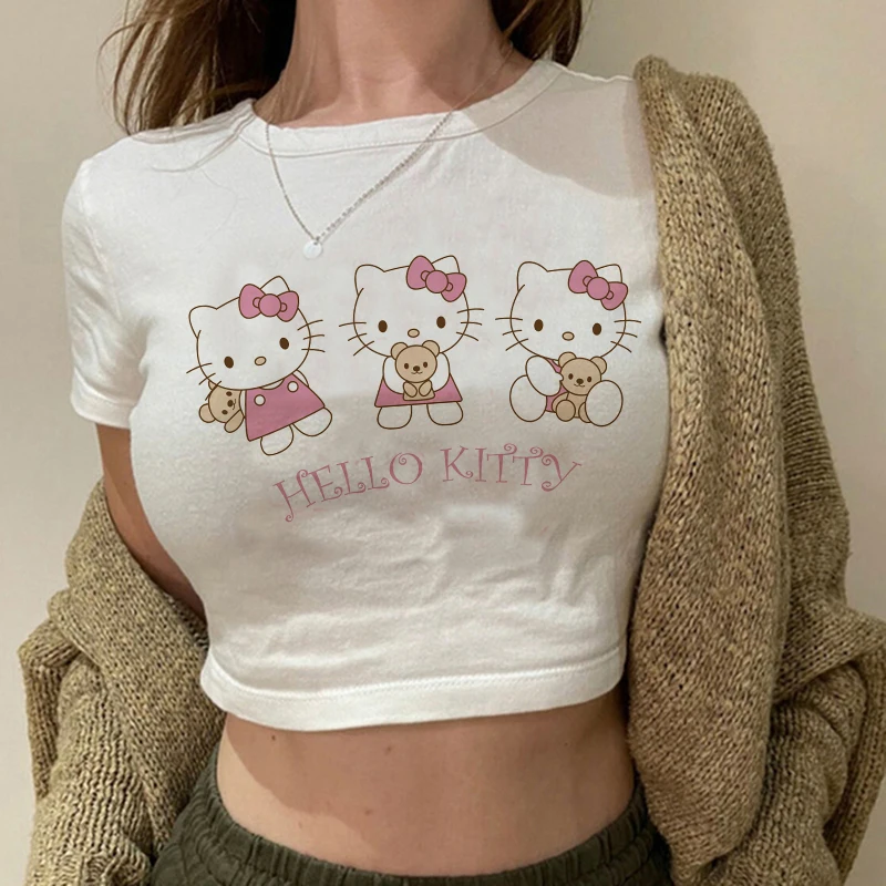 Tshirt Crop Top Hello Kitty T-shirt Kawaii T Shirt Sanrio Anime Cartoon Children Casual Clothes Y2k Cropped Tee Shirt Top