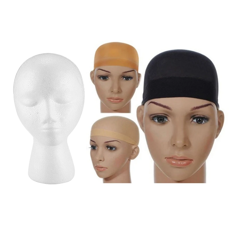 1X Styrofoam Foam Mannequin Wig Head Display Hat Cap Wig Holder White Foam Head & 2X Deluxe Wig Cap Hair Net For Weave