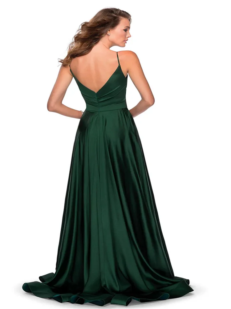 Exquisite Deep V-neck A-line Silhouette Dress Sleeveless Spaghetti Straps Open Back Low V Back pleated Bodice Slit Evening Dress