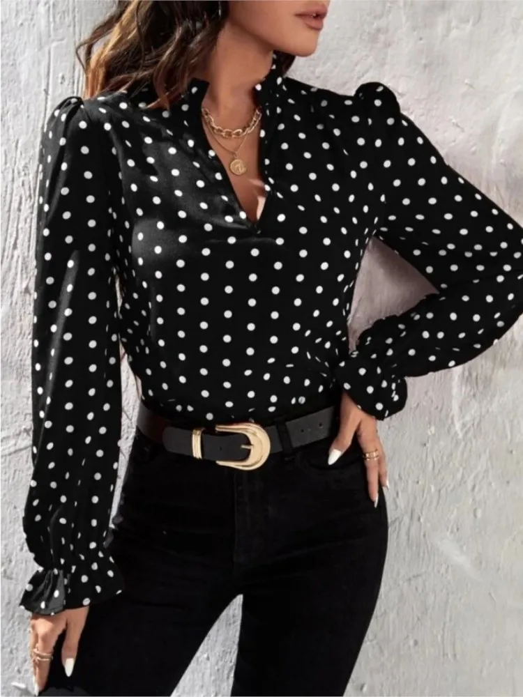 Zomer nieuwe collectie vrijetijdsmode top dames elegante stijl V-hals Polka Dot lange mouwen casual chiffon shirt vrouwelijke kleding
