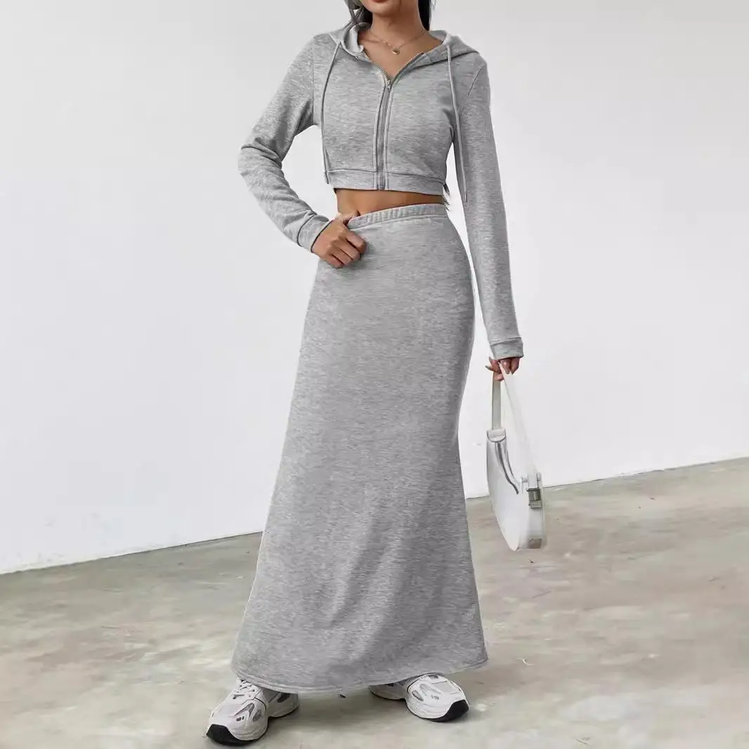 

Long Hooded Zipper Sweatirt Hip Hop Sle Casual Faion Women's Winter Tee-Piece Set Color Blo Design