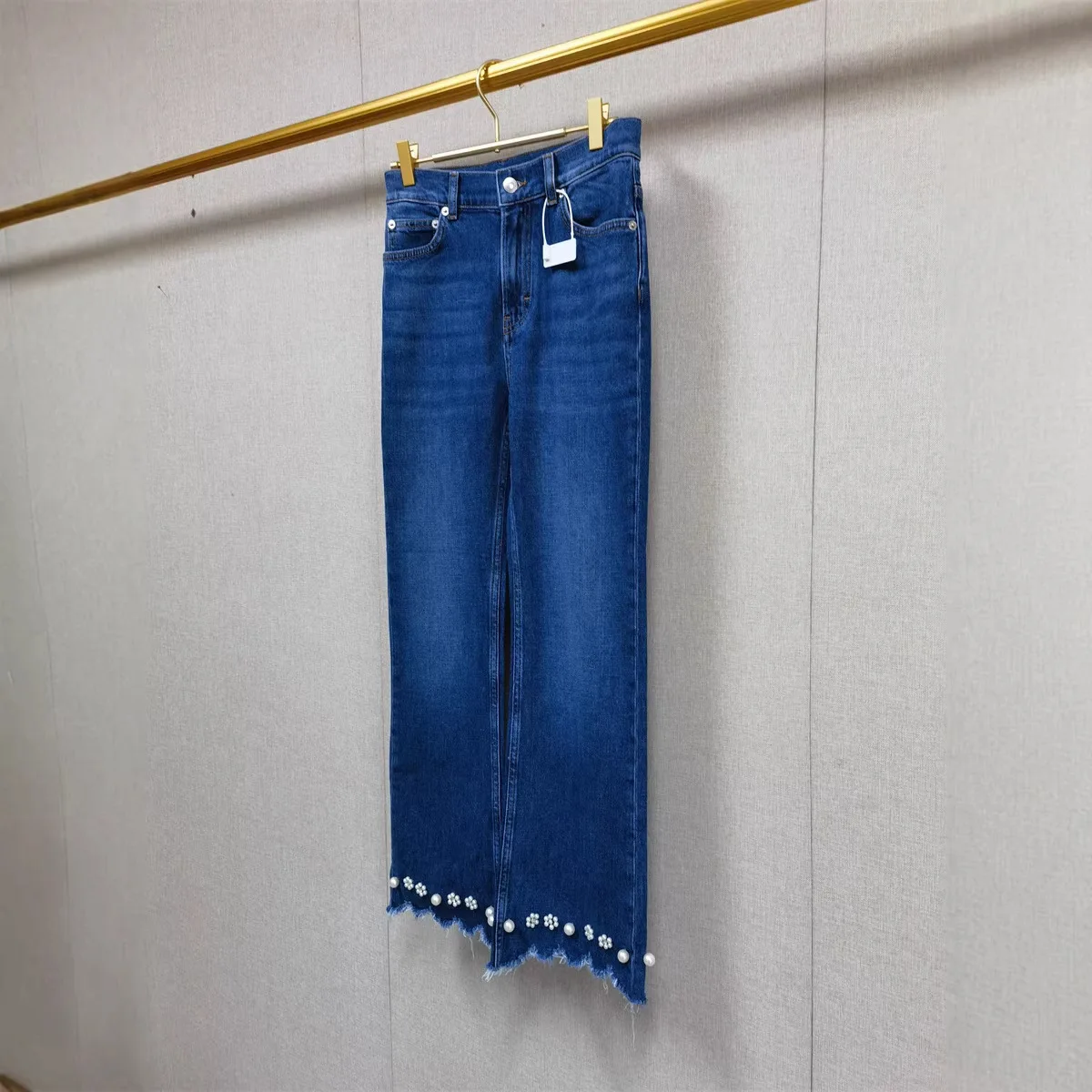 Slim Fit Denim Jeans Spring Summer Fashion Bottom Bead Decorated Small Flower Cotton Natural Waist American Style Women's Jeans