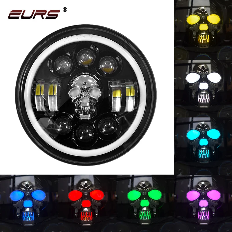 2PCS 7inch H4 Car Motorcycle Led Headlights RGB Skull headlights White Yellow DRL 6000K 12V for JEEP