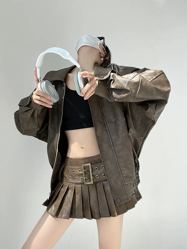 Jaet – manteau de motard rétro Vintage pour femmes, industrie lourde, automne hiver, Faion, Streetwear, col Long Sve