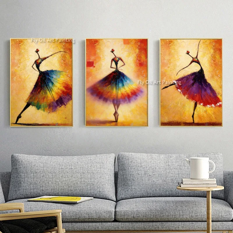 Ballet Dancing Girls Modern 3 Panels 100% Hand Painted Oil Paintings on Canvas Wall Art Work for Living Room Home Decorations