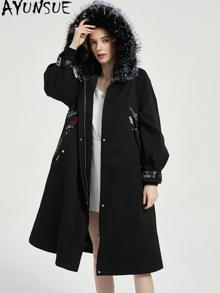 AYUNSUE 렉스 토끼 모피 파카 여성 리얼 모피 코트 후드 겨울 여성 의류 아우터웨어 신상품 폭스 모피 칼라 여성용 코트